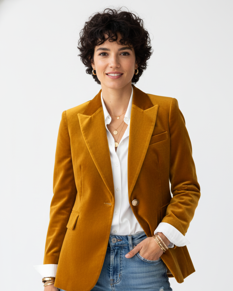 Haydee Velour Blazer til Kvinder – Chic Grøn Jakke med Guldknapper & Elegant Snit