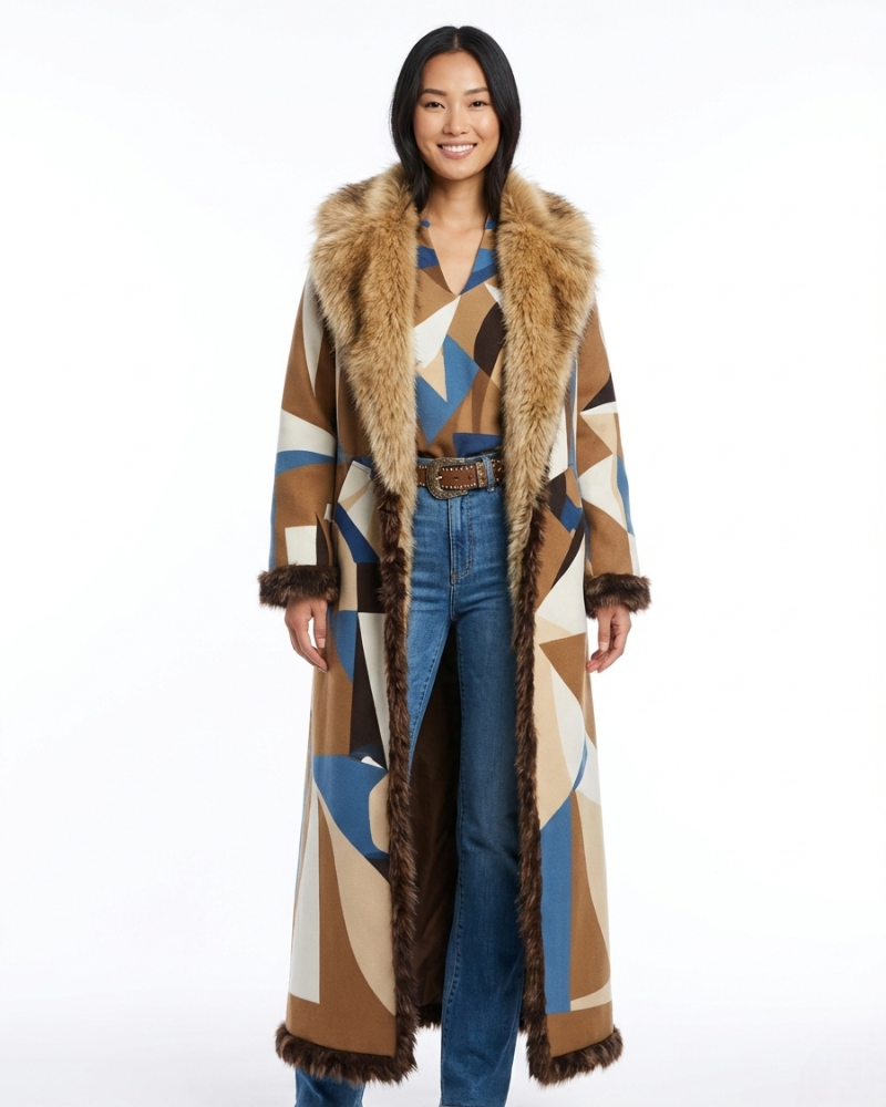 Isabella Abrigo Largo Mujer Boho – Abrigo Caliente con Estampado Étnico y Cuello de Piel Sintética