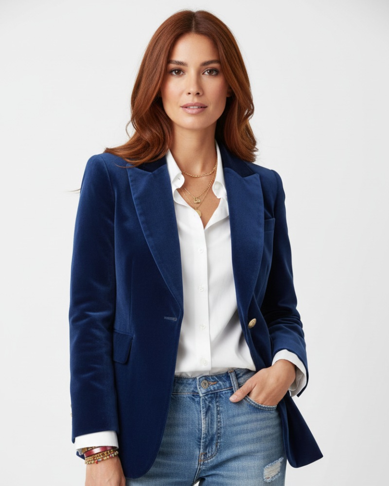 Haydee Velour Blazer til Kvinder – Chic Grøn Jakke med Guldknapper & Elegant Snit