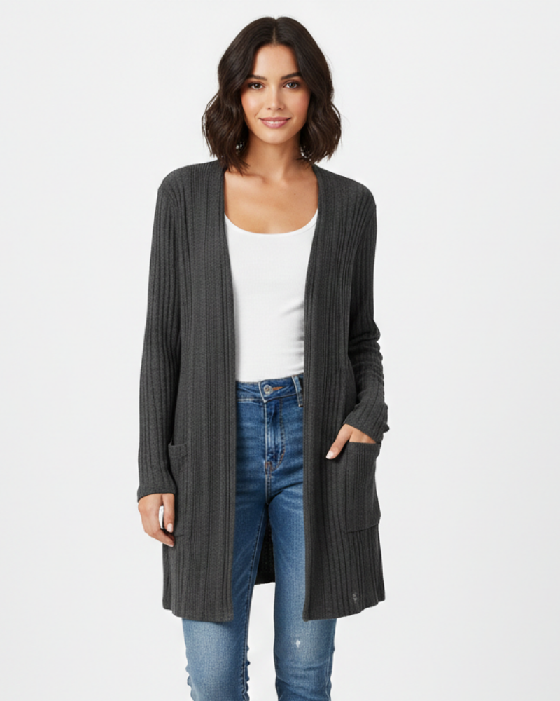 Isabelle-neuletakki pitkä naisille – avoin resorineuletakki taskuilla ja väljä leikkaus