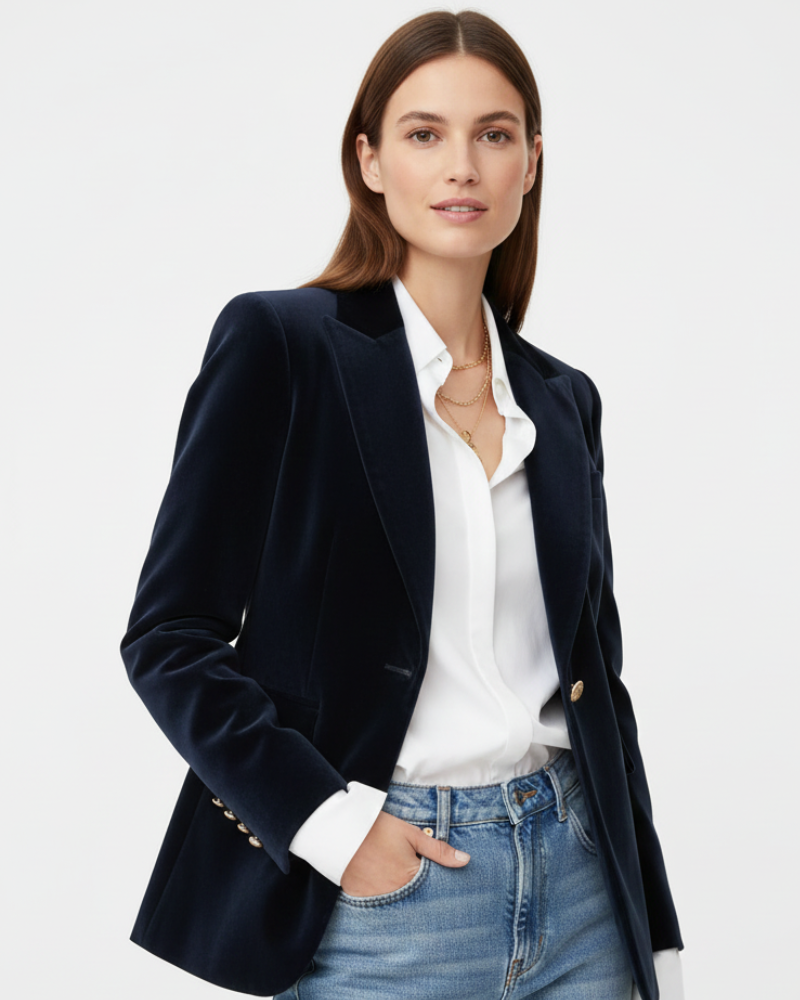 Haydee Velour Blazer til Kvinder – Chic Grøn Jakke med Guldknapper & Elegant Snit