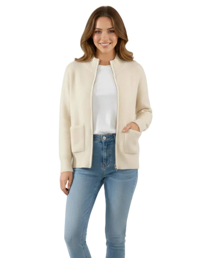 Milar Chaleco Mujer en Lana Merina – Cárdigan Recto con Cremallera y Bolsillos Aplicados