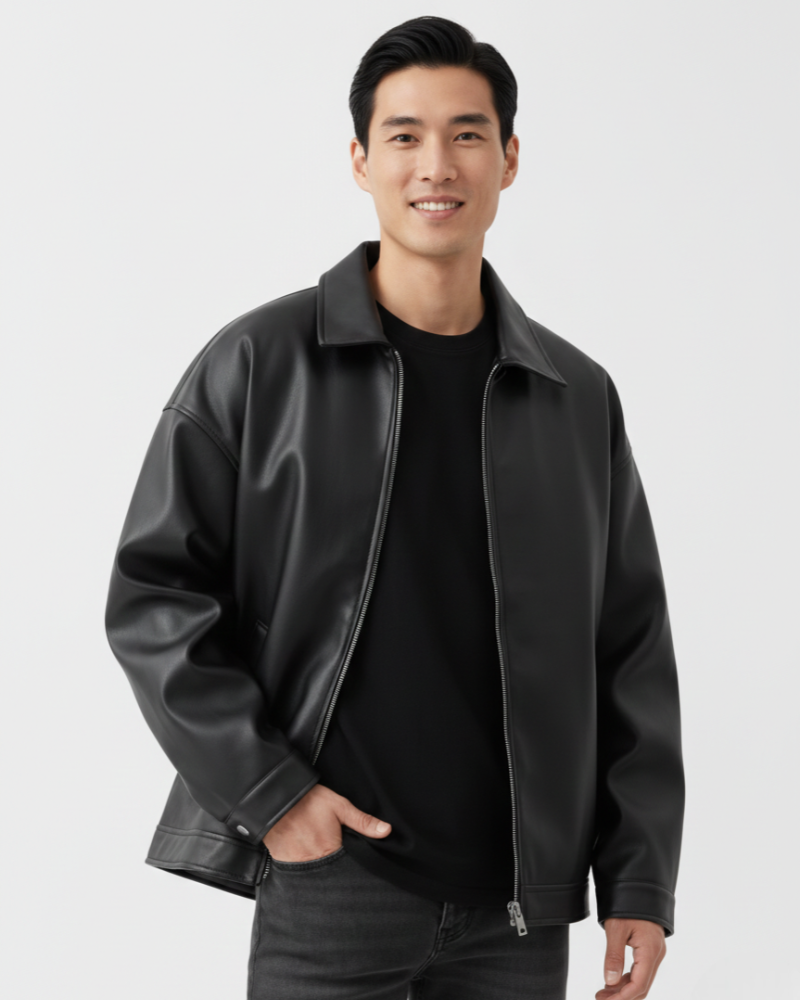 Milan Kurtka Męska ze Sztucznej Skóry – Luźny Krój z Klasycznym Kołnierzem i Zapięciem na Zamek