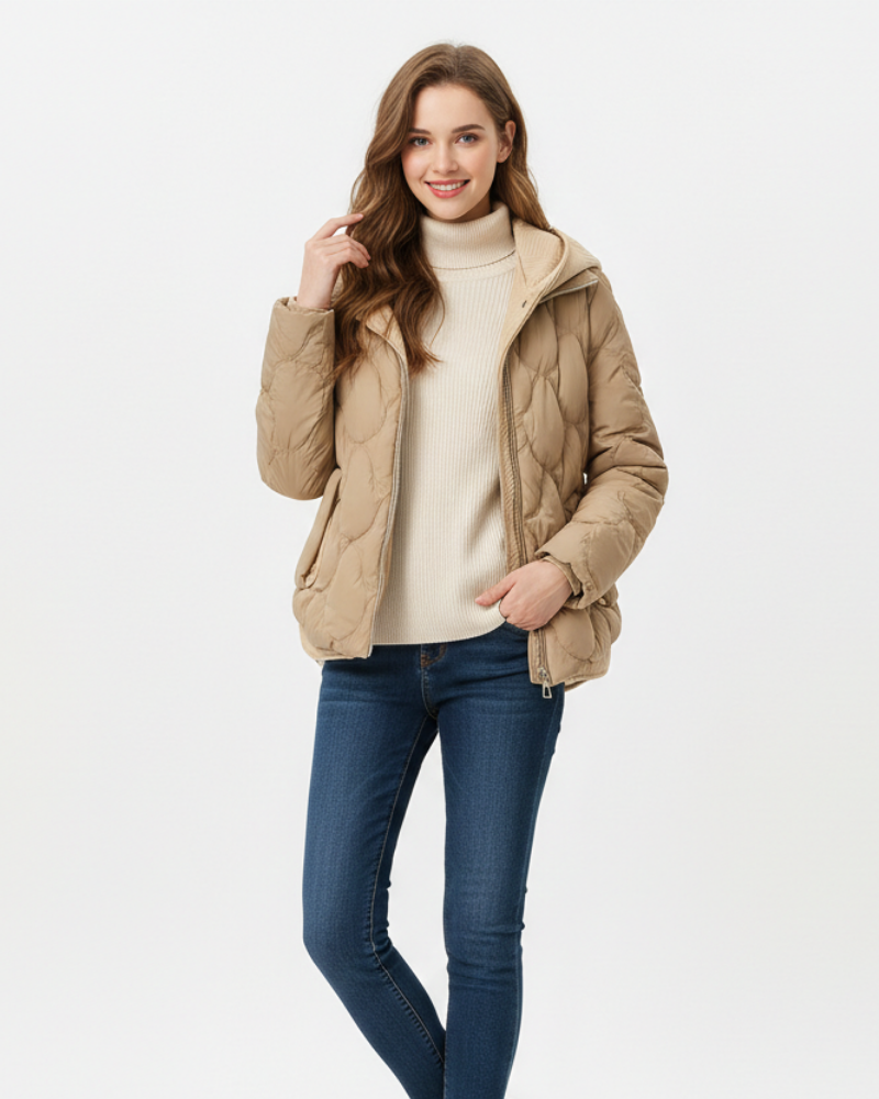 Oline Chaqueta Acolchada Corta para Mujer – Abrigo Elegante con Capucha y Cierre de Cremallera
