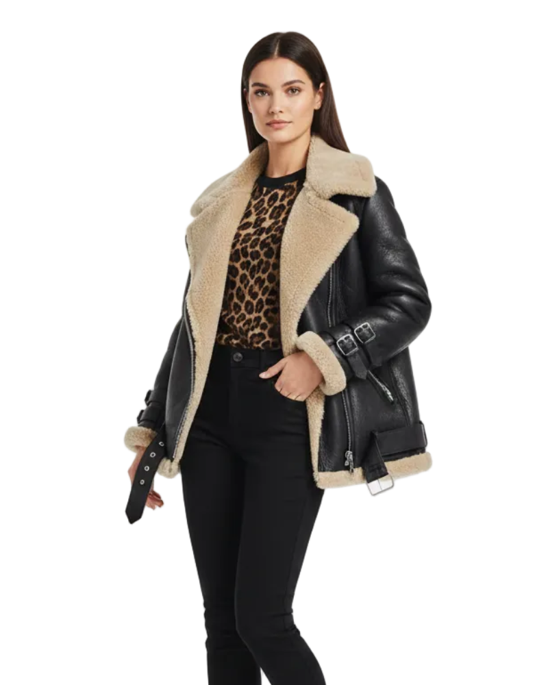Avanna Veste Aviateur Shearling Femme – Manteau Aviator Chaud avec Doublure Teddy & Détails Cuir