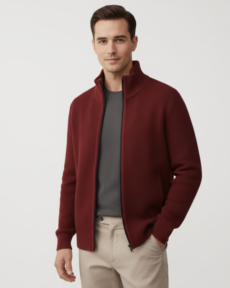 Pánska zipsová vesta Jeffrey – Hrubý pletený sveter s vysokým golierom a teplou podšívkou