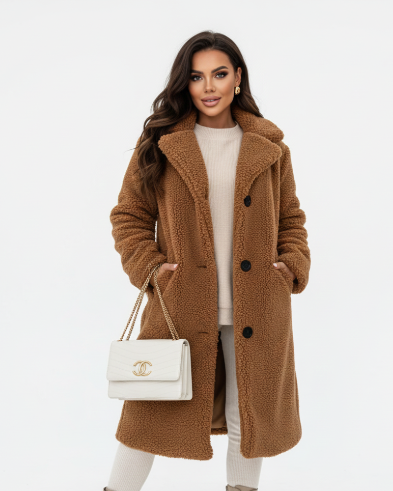 Ellen Manteau Teddy Duga Ženska Jakna – Topla Bež Jakna s Uljepšanim Krojem i Mekanim Udobnim Materijalom