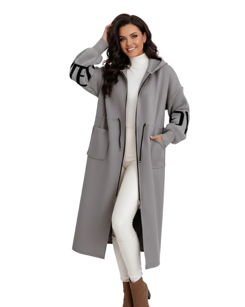 Ava Veste Patchwork Damska – Dopasowany Płaszcz Odpychający Wodę z Kapturem i Dzianinowymi Rękawami