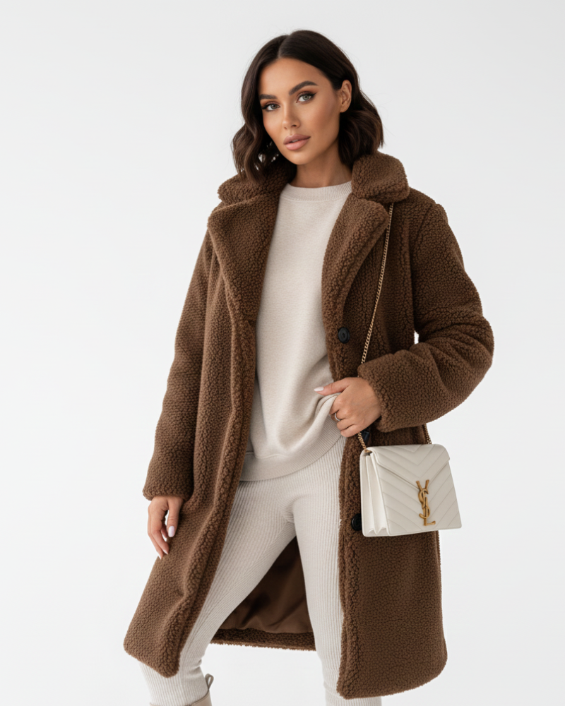 Ellen Manteau Teddy Duga Ženska Jakna – Topla Bež Jakna s Uljepšanim Krojem i Mekanim Udobnim Materijalom