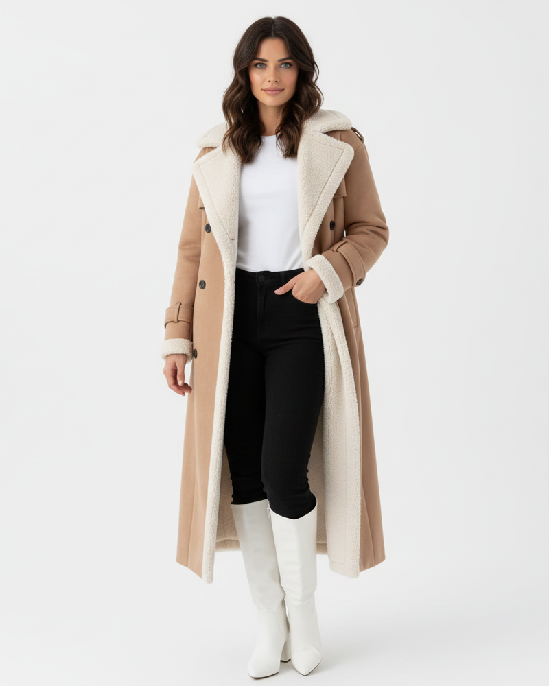 Rinna Casaco Comprido Mulher – Casaco de Duplo Abotoamento Efeito Camurça com Gola Forrada e Estilo Elegante