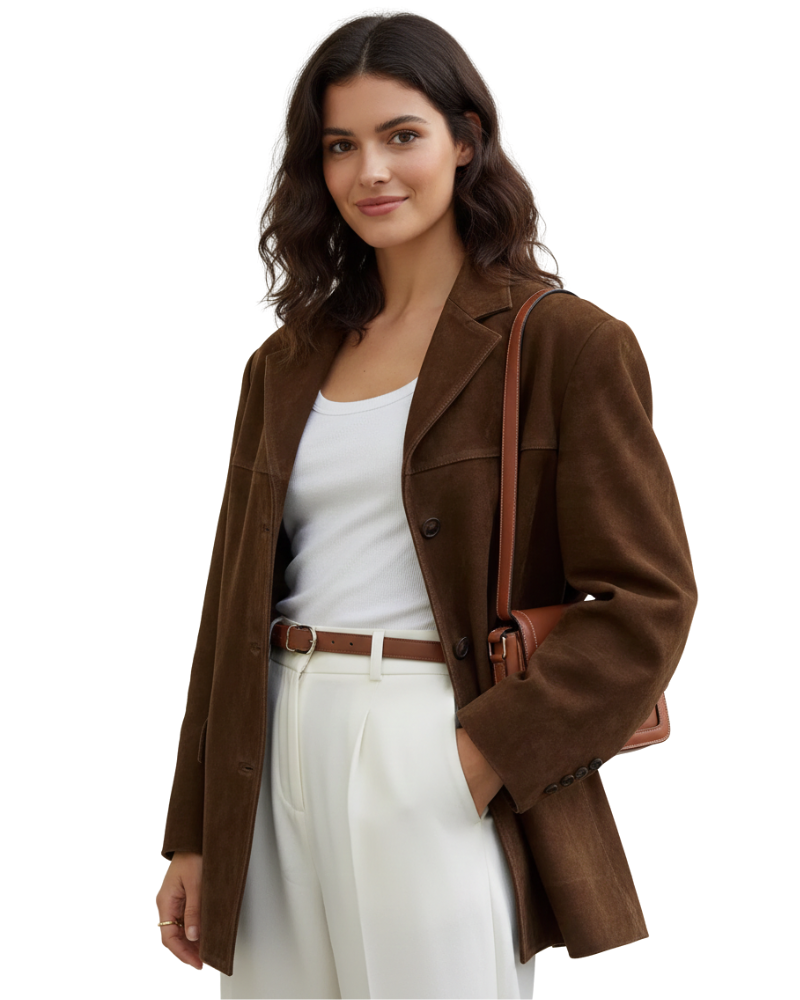 Dámsky semišový blejzer Marga – elegantná hnedá bunda s moderným strihom a elastickým materiálom