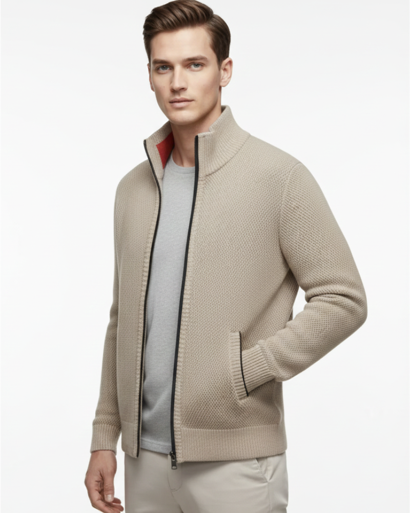 Pánska zipsová vesta Jeffrey – Hrubý pletený sveter s vysokým golierom a teplou podšívkou