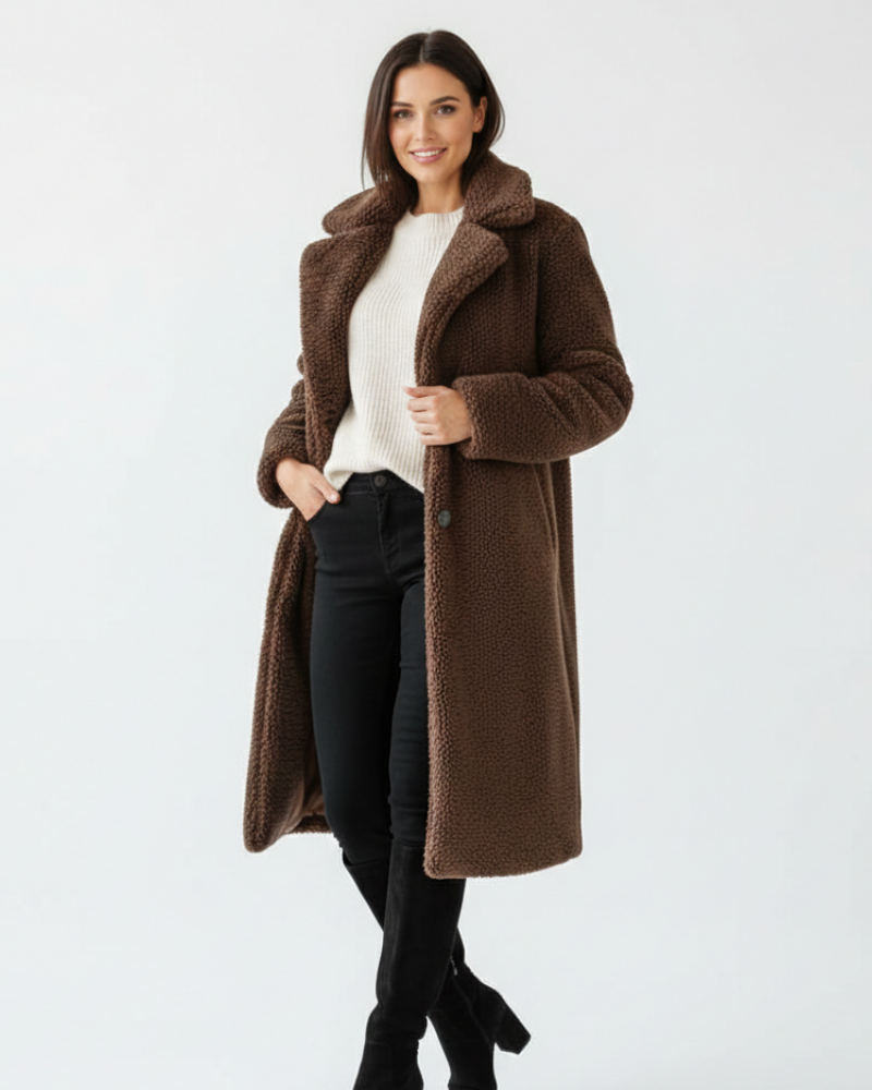 Angel-takki Teddy pitkä naisille – pehmeä ylisuurikokoinen malli käännetyllä kauluksella ja napillinen suljenta