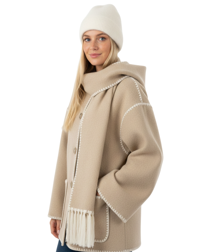 Georgie płaszcz damski z wbudowanym szalikiem – elegancka marynarka z ciepłego materiału