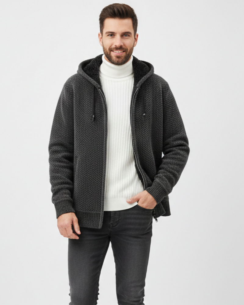 Sudadera con capucha de punto para hombre Nethan con cremallera – Sudadera forrada de polar cálida con estilo casual premium