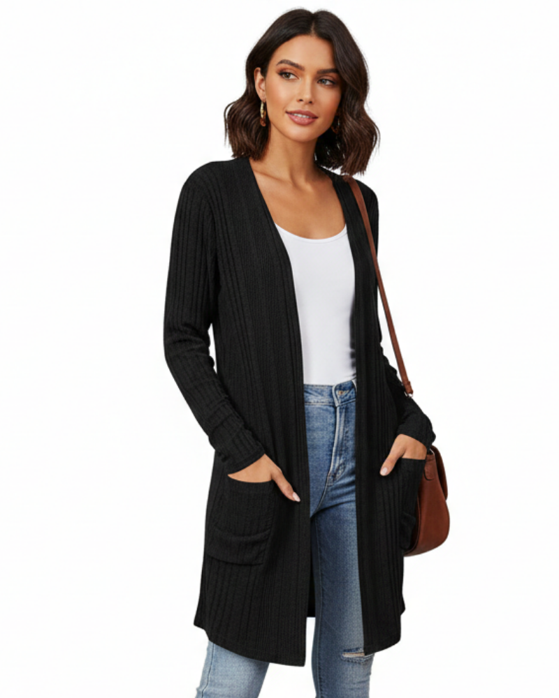 Isabelle-neuletakki pitkä naisille – avoin resorineuletakki taskuilla ja väljä leikkaus