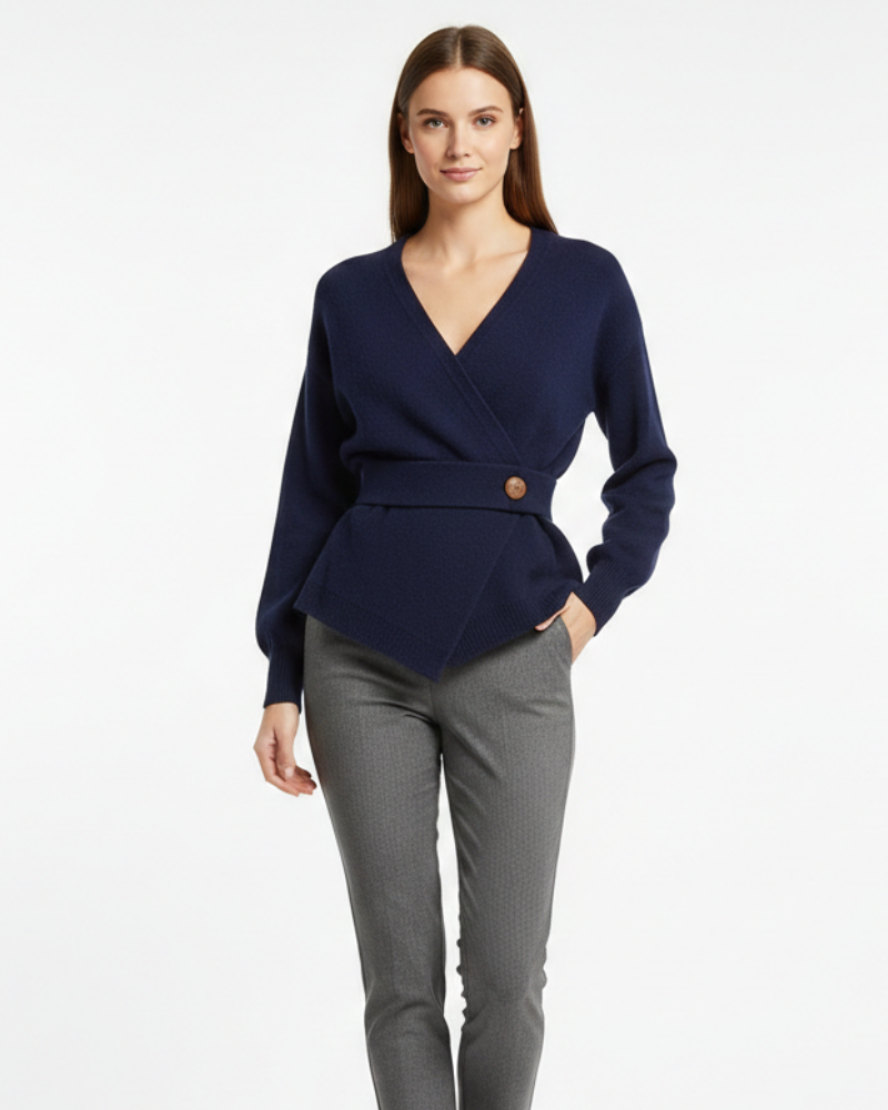 Brinley Krzyżowany Sweter Damski – Prążkowana Dzianina, Strukturalny Dekolt w Serek i Elegancka Sylwetka