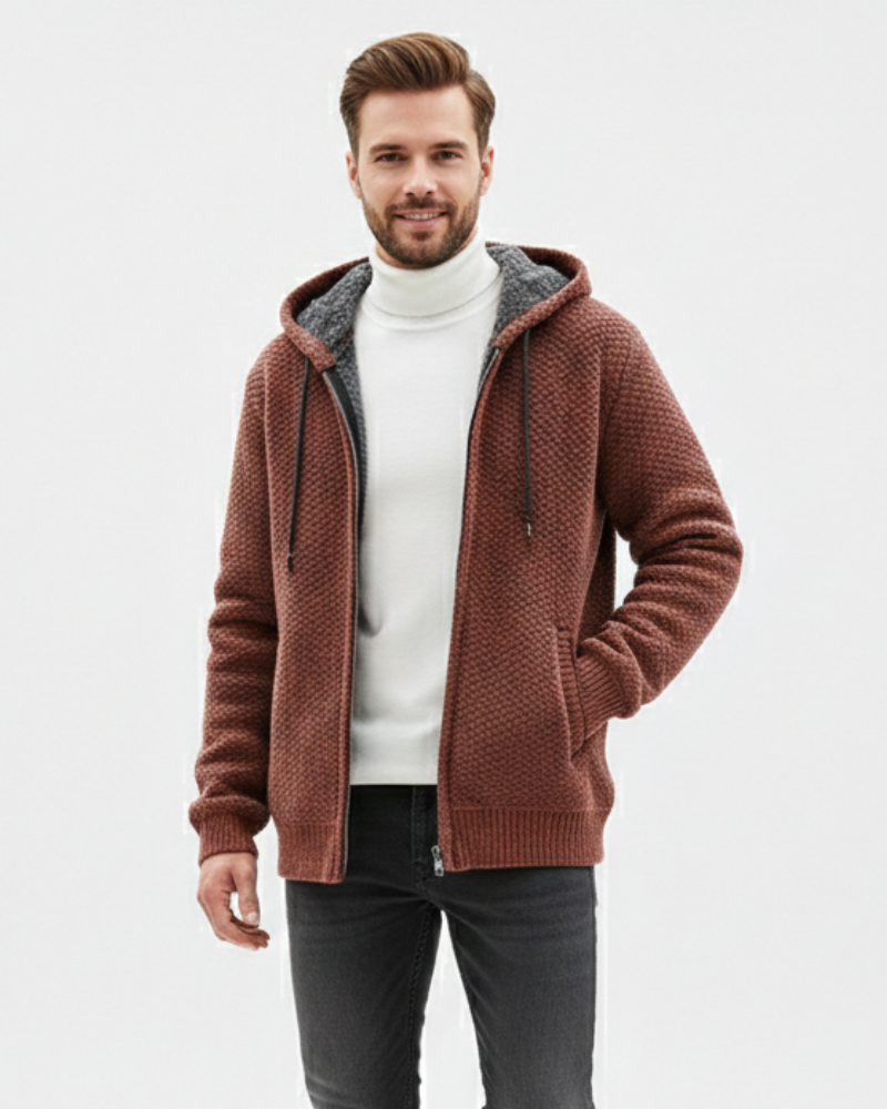 Sudadera con capucha de punto para hombre Nethan con cremallera – Sudadera forrada de polar cálida con estilo casual premium