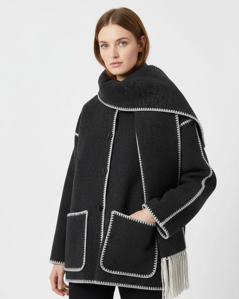 Georgie płaszcz damski z wbudowanym szalikiem – elegancka marynarka z ciepłego materiału