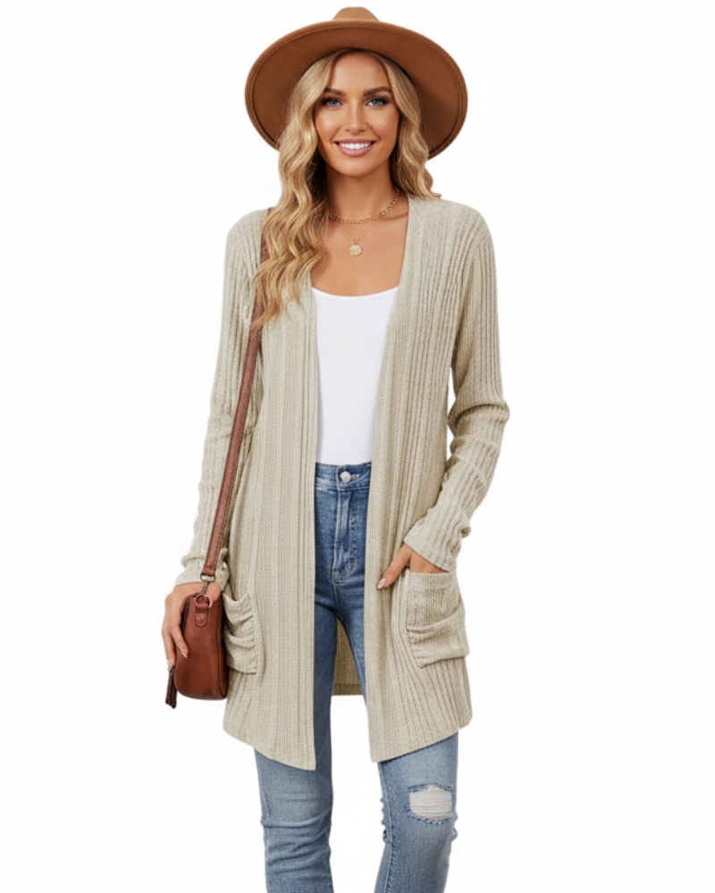Isabelle Dámsky Dlhý Kardigán – Otvorený Rebrovaný Pletený Sveter s Vreckami a Voľným Strihom