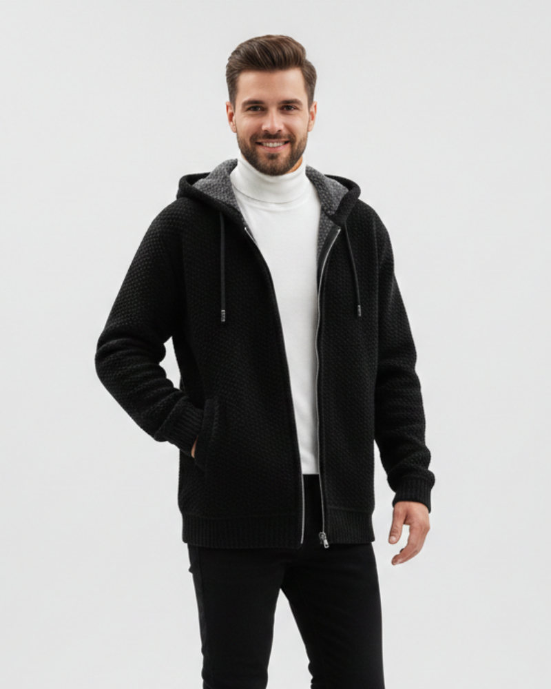 Sudadera con capucha de punto para hombre Nethan con cremallera – Sudadera forrada de polar cálida con estilo casual premium