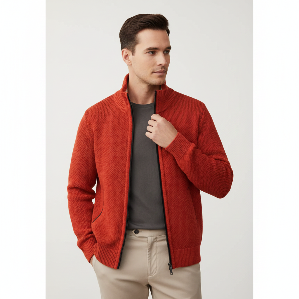 Jeffrey Gilet Zippé Homme – Pull Épais en Maille avec Col Montant & Doublure Chaude