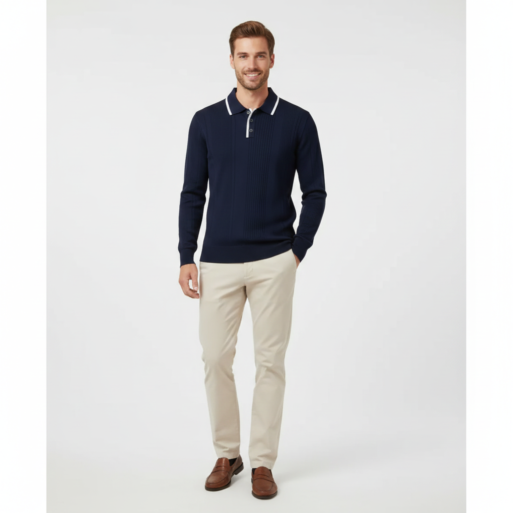 Joaquin Mode Men's Sweatshirt Polo Style – White Contrast Collar Casual Fit Autumn