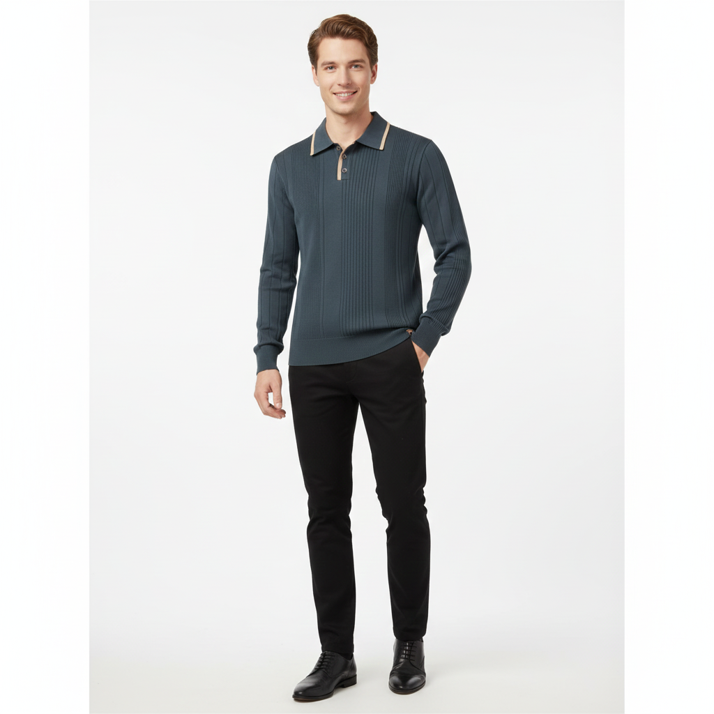 Joaquin Mode Men's Sweatshirt Polo Style – White Contrast Collar Casual Fit Autumn