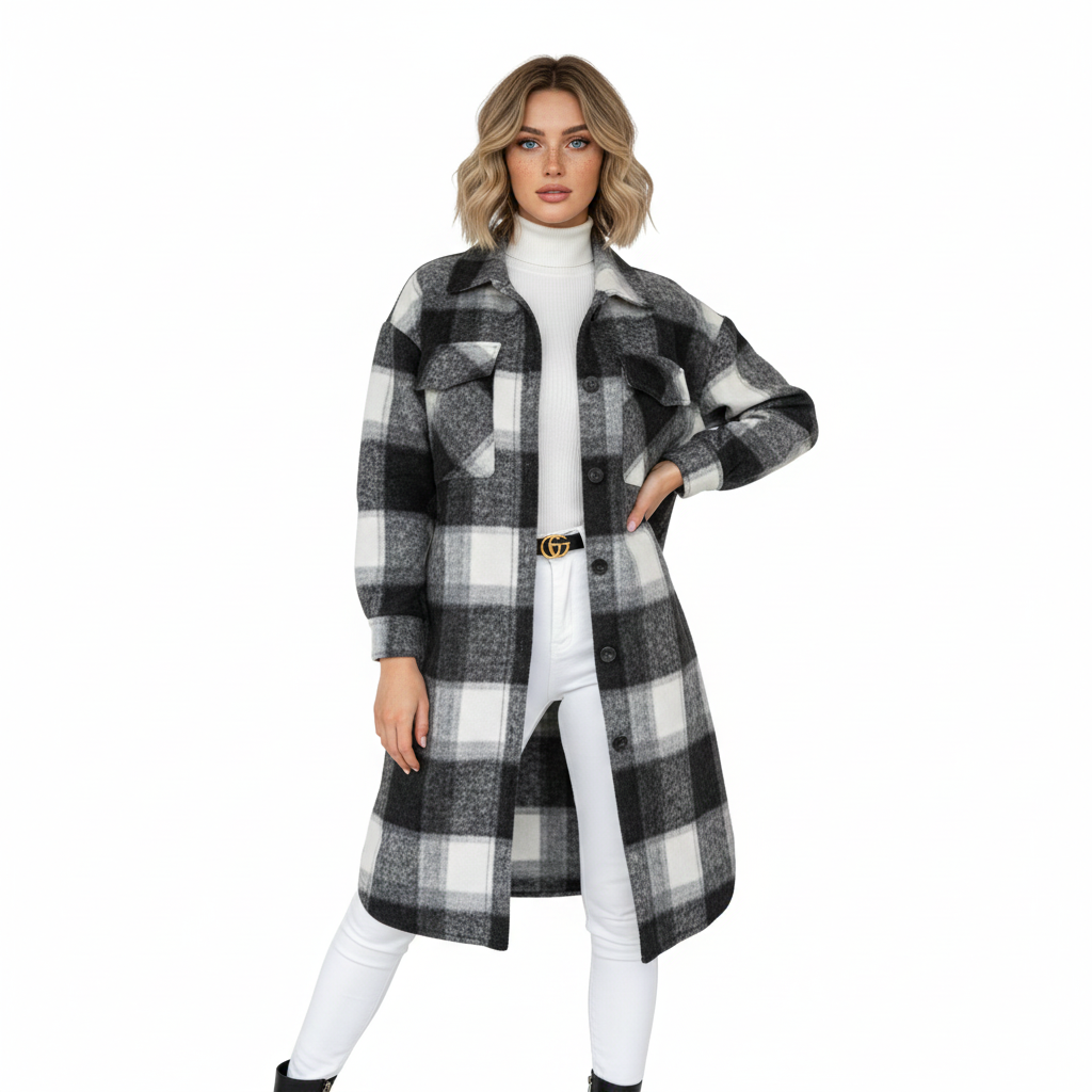 Jody Manteau Femme Carreaux – Veste Longue Oversize en Laine Mélangée Style Shacket