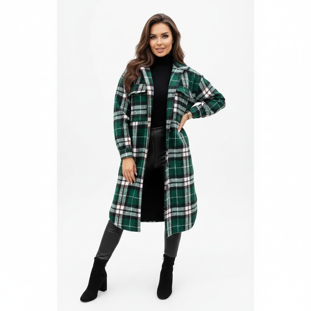 Jody Women's Plaid Coat – Long Oversized Jacket in Mixed Wool Shacket Style