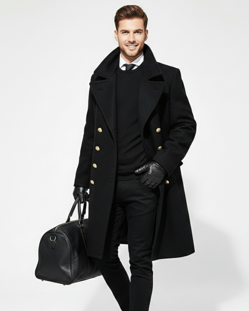 Kinsley Manteau Dlhý Pánsky – Klasický Obojstranný Golier, Dvojradové Zapínanie a Elegantný Štýl