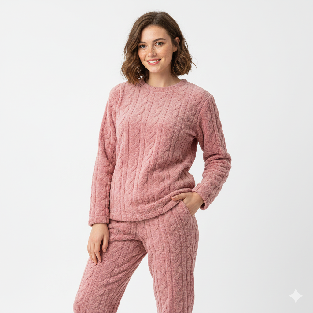 Lunie Set Îmbrăcăminte de Relaxare pentru Femei – Pijamale din Fleece cu Două Piese, Cald și Confortabil