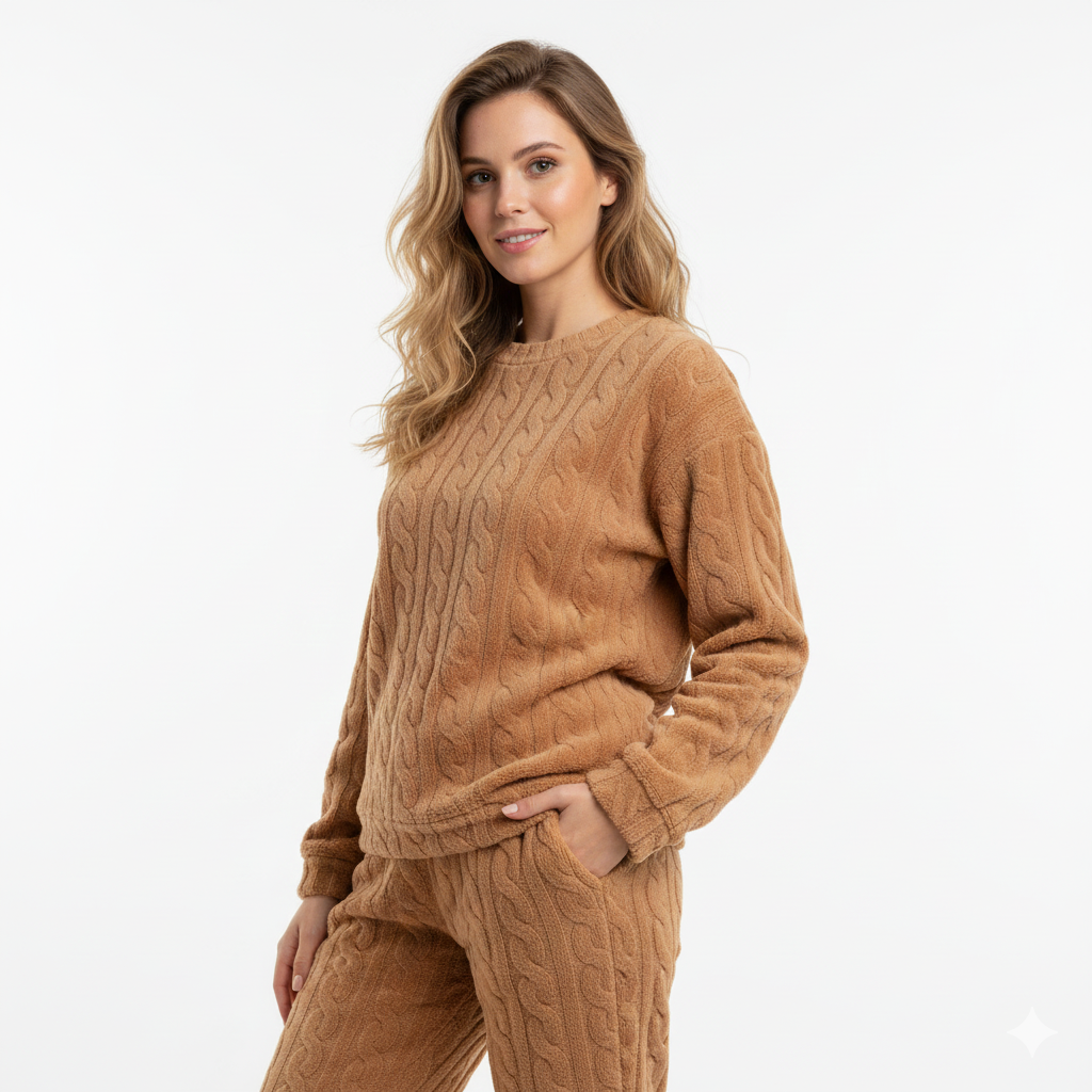 Lunie Set Îmbrăcăminte de Relaxare pentru Femei – Pijamale din Fleece cu Două Piese, Cald și Confortabil