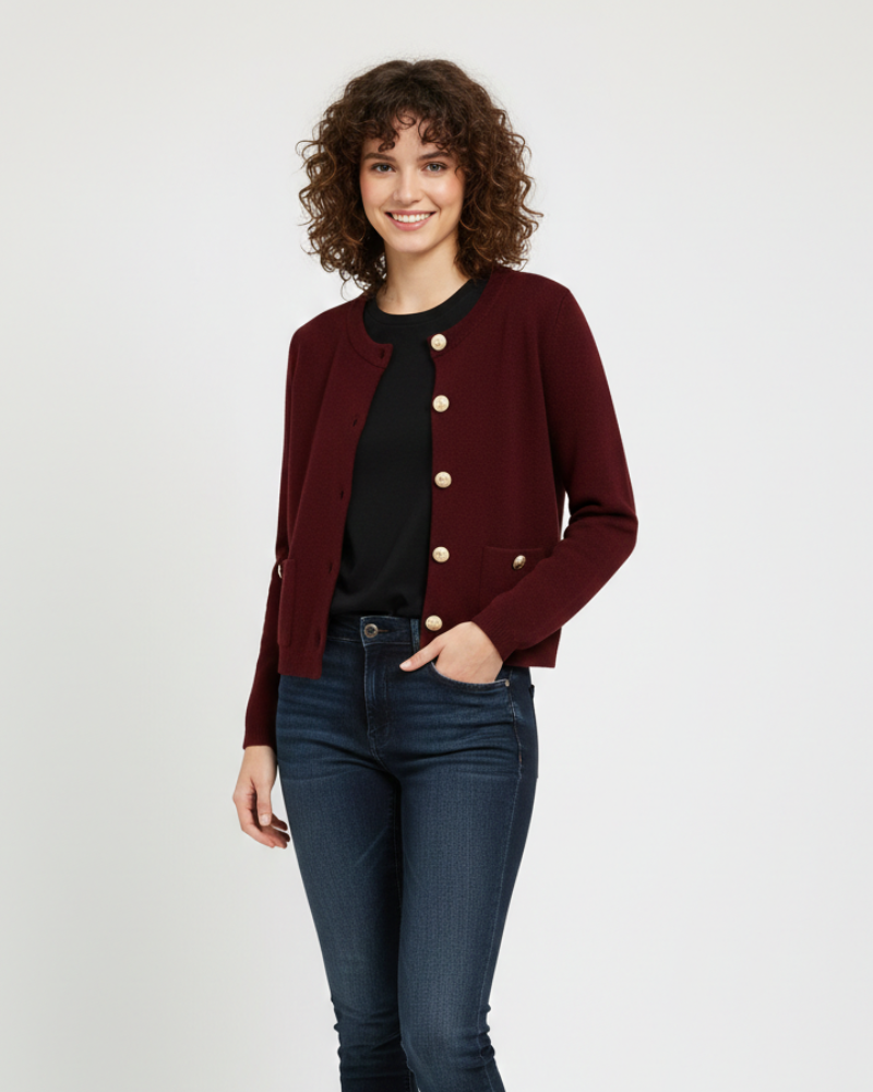 Maria Cardigan Court Dame – Finstrikket Strukturert, Kontrastknapper og Sjarmerende Stil