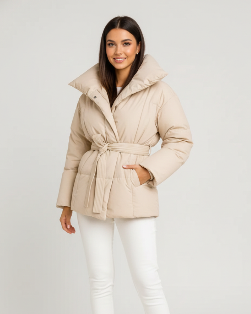 Micah női öves télikabát – nagy gallér, meleg steppelt, modern stílus