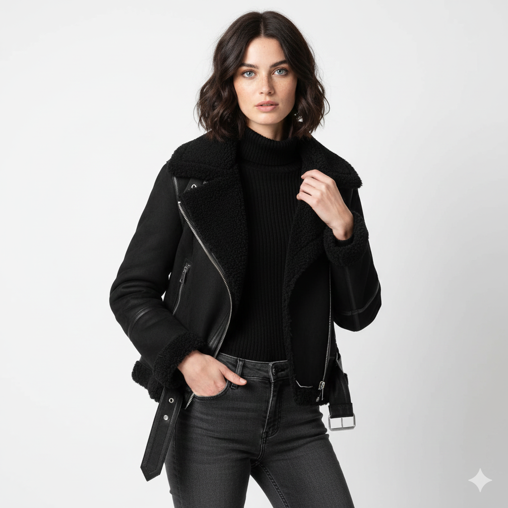 Beverly Manteau Biker Femme – Veste Suédée Shearling Chaude avec Style Moderne & Détails Zippés