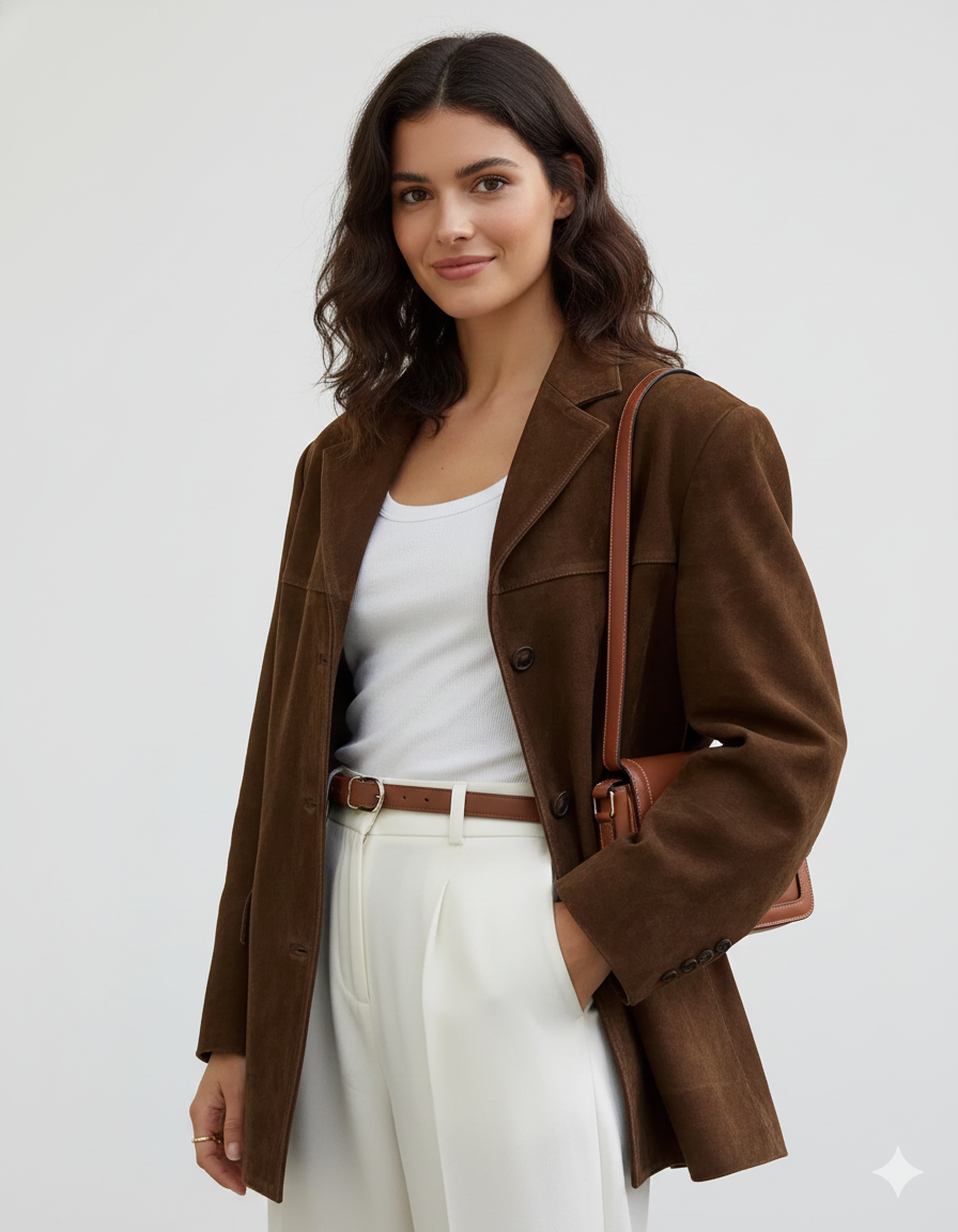 Marga Blazer en Suède Femme – Veste Chic Marron avec Coupe Moderne & Matière Extensible
