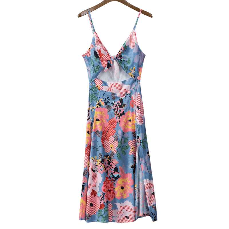 Abito midi in raso da donna Valerie - Stampa floreale, spalline regolabili ed elegante spacco