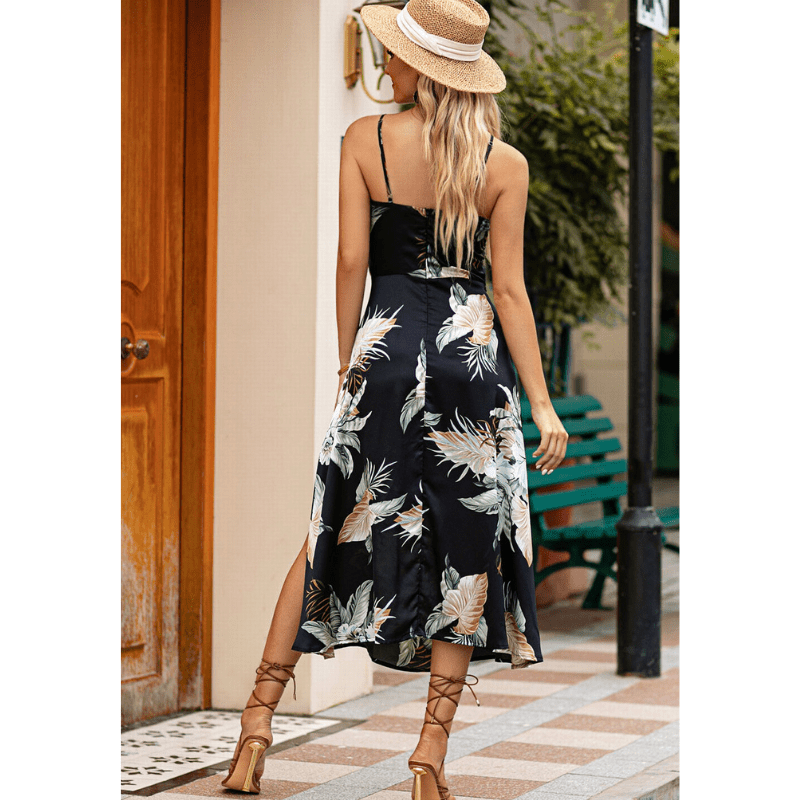 Abito midi in raso da donna Valerie - Stampa floreale, spalline regolabili ed elegante spacco