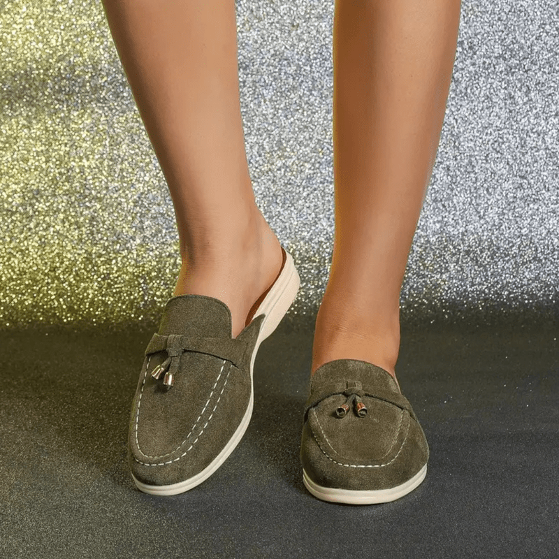 Mocassini da donna Mori – Mules estive verdi con frange e suola comoda