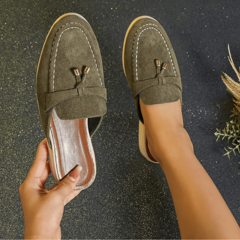 Mocassini da donna Mori – Mules estive verdi con frange e suola comoda