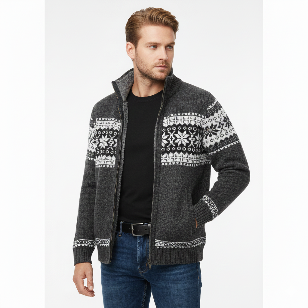 Moris Men's Fleece Vest – Winter Jacquard Jacket with High Collar & Scandinavian Patterns