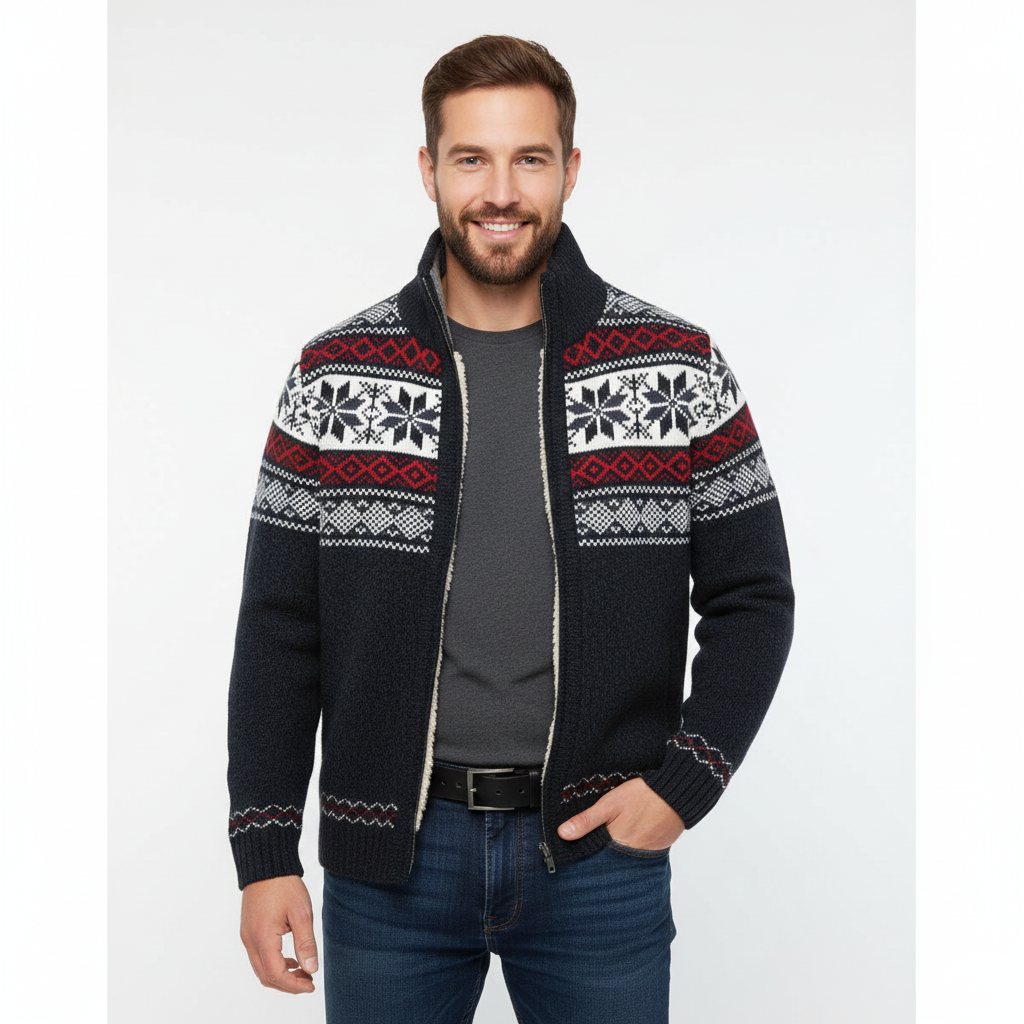 Moris Men's Fleece Vest – Winter Jacquard Jacket with High Collar & Scandinavian Patterns