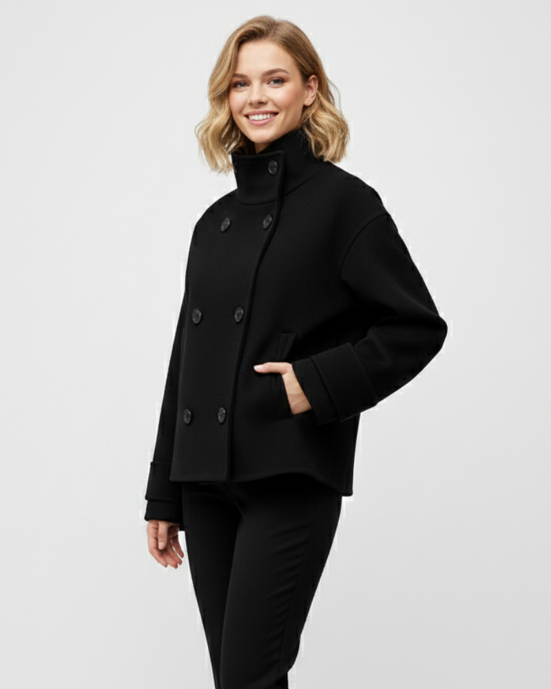 Natalia Manteau Court pentru Femei – Închidere Dublă Clasică, Croială Strâmtă și Stil Elegant