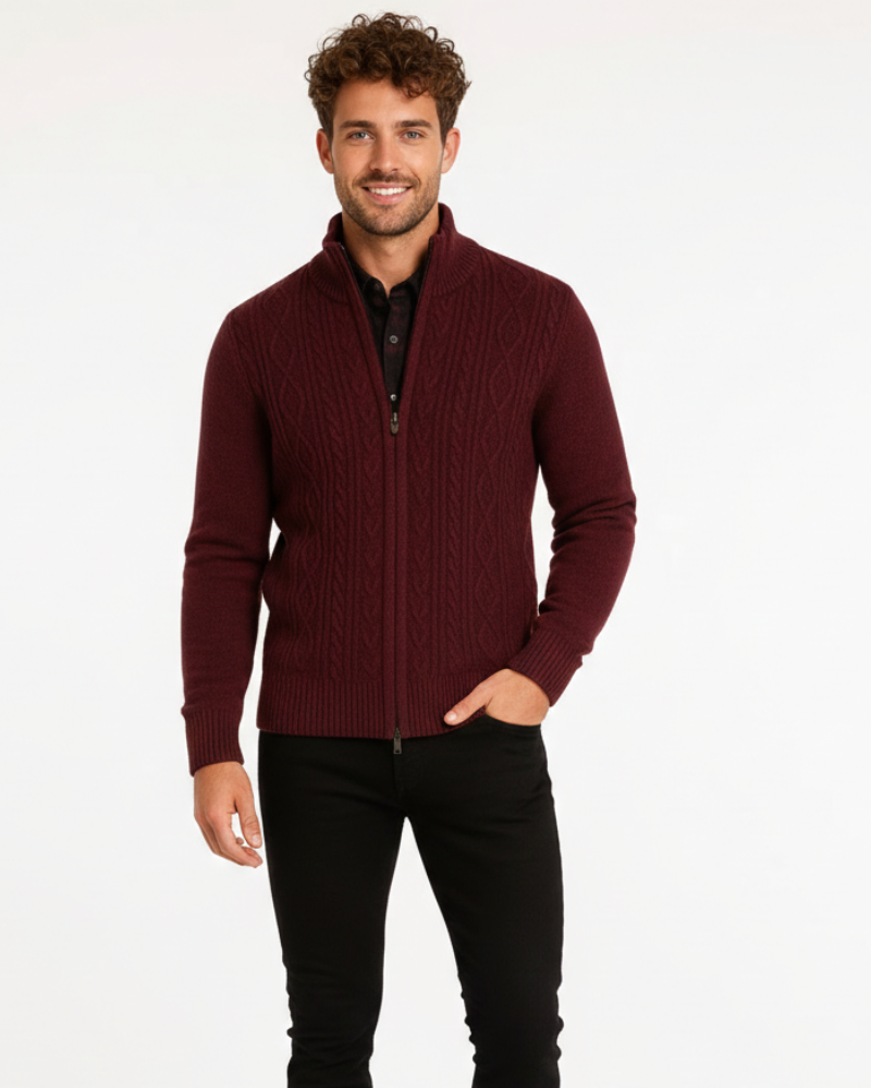Pánska vesta Noah na zips – pletenina s vrkočovým vzorom, stojatý golier a zimná elegancia