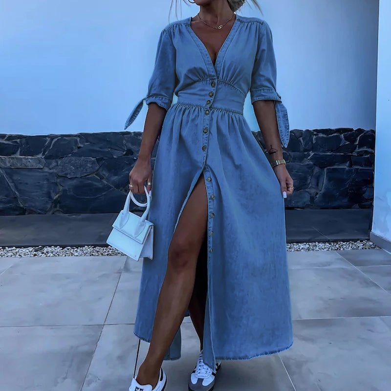 Abito in denim da donna Jane - Abito lungo in denim con bottoni e look casual femminile