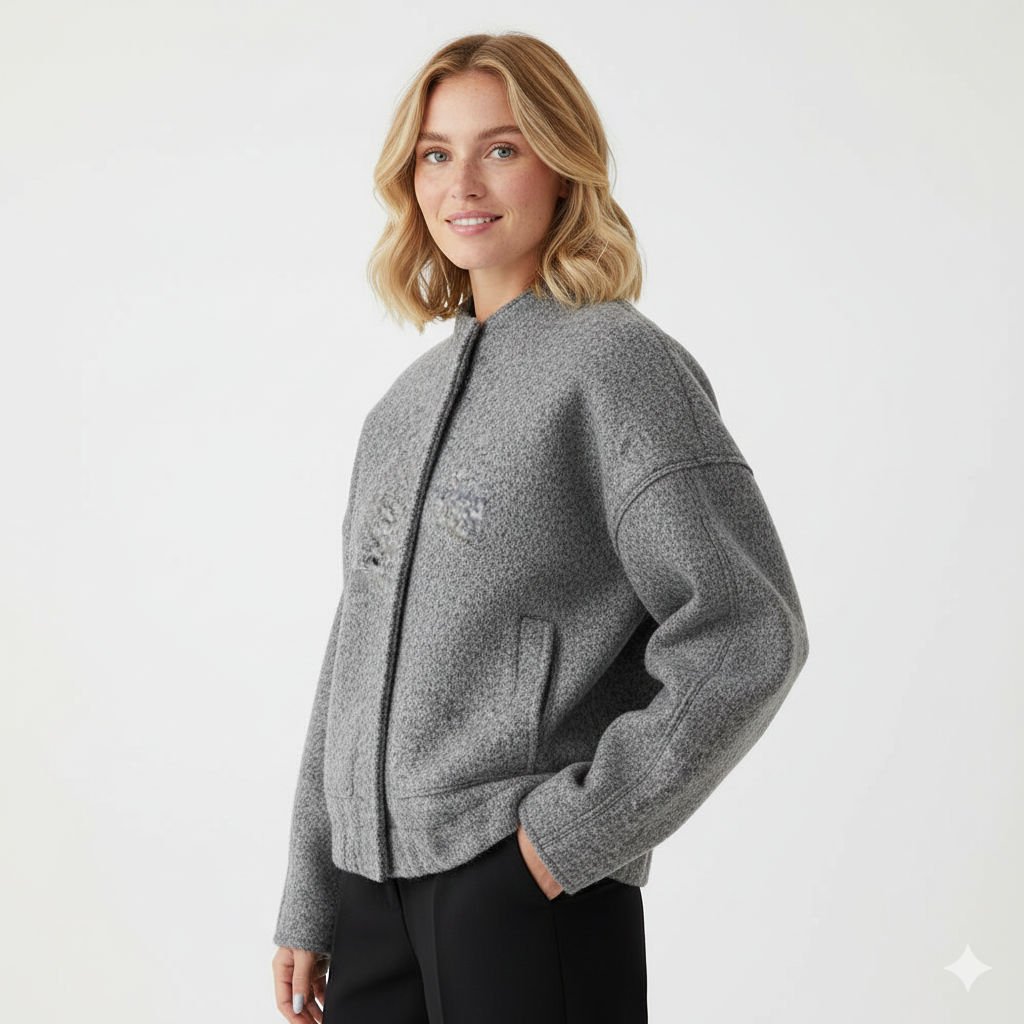 Norlyn Bomber Oversize Dame – Trendy Jakke med Høy Krage, Skjult Knapping og Løs Passform