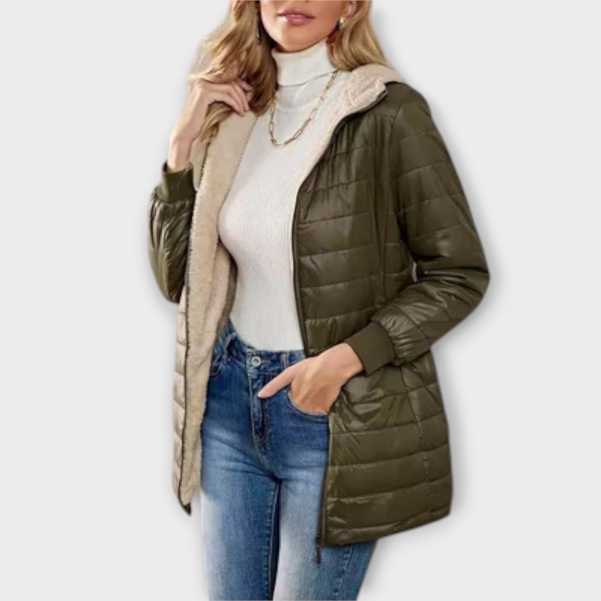 Lillian Winterjacke gesteppte Damen – warme Sherpa-Fütterung mit Steppmuster & gerippte Bündchen