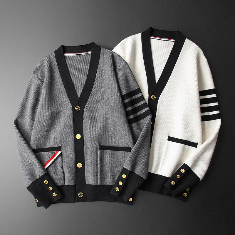Cardigan in cashmere da uomo Hans - Elegante, a righe con scollo a V, bottoni dorati e pratiche tasche