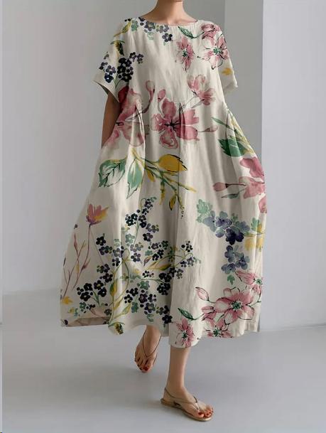 Sareno Robe Midi Femme – Robe Fleurie Légère avec Col Rond & Coupe Confortable